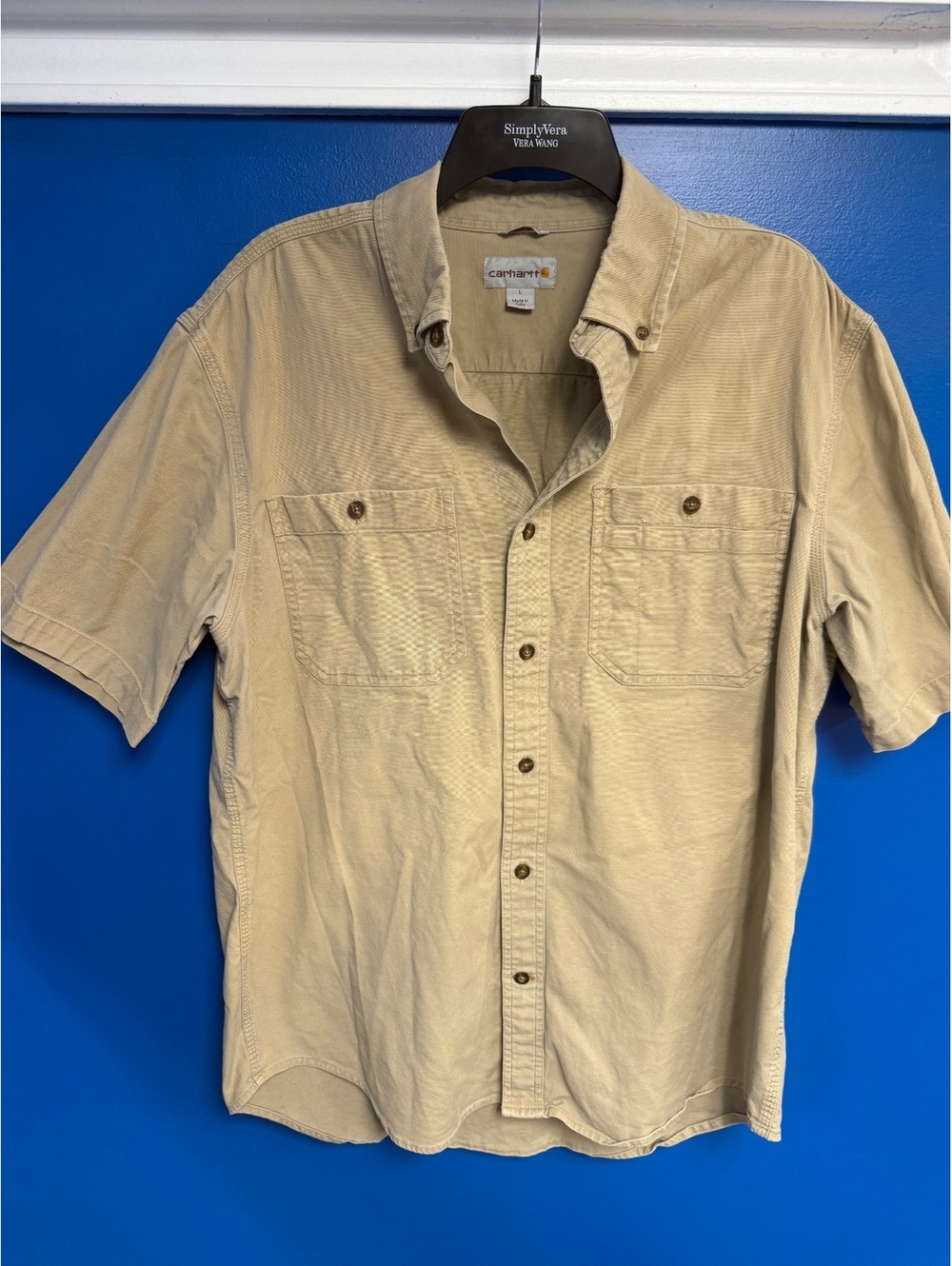 Carhartt Mens Large Tan Short Sleeve Button Down Work Shirt Relaxed Fit